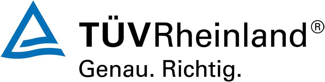 Es ist das Logo von TÜV Rheinland zu sehen mit den Worten "Genau. Richtig.".